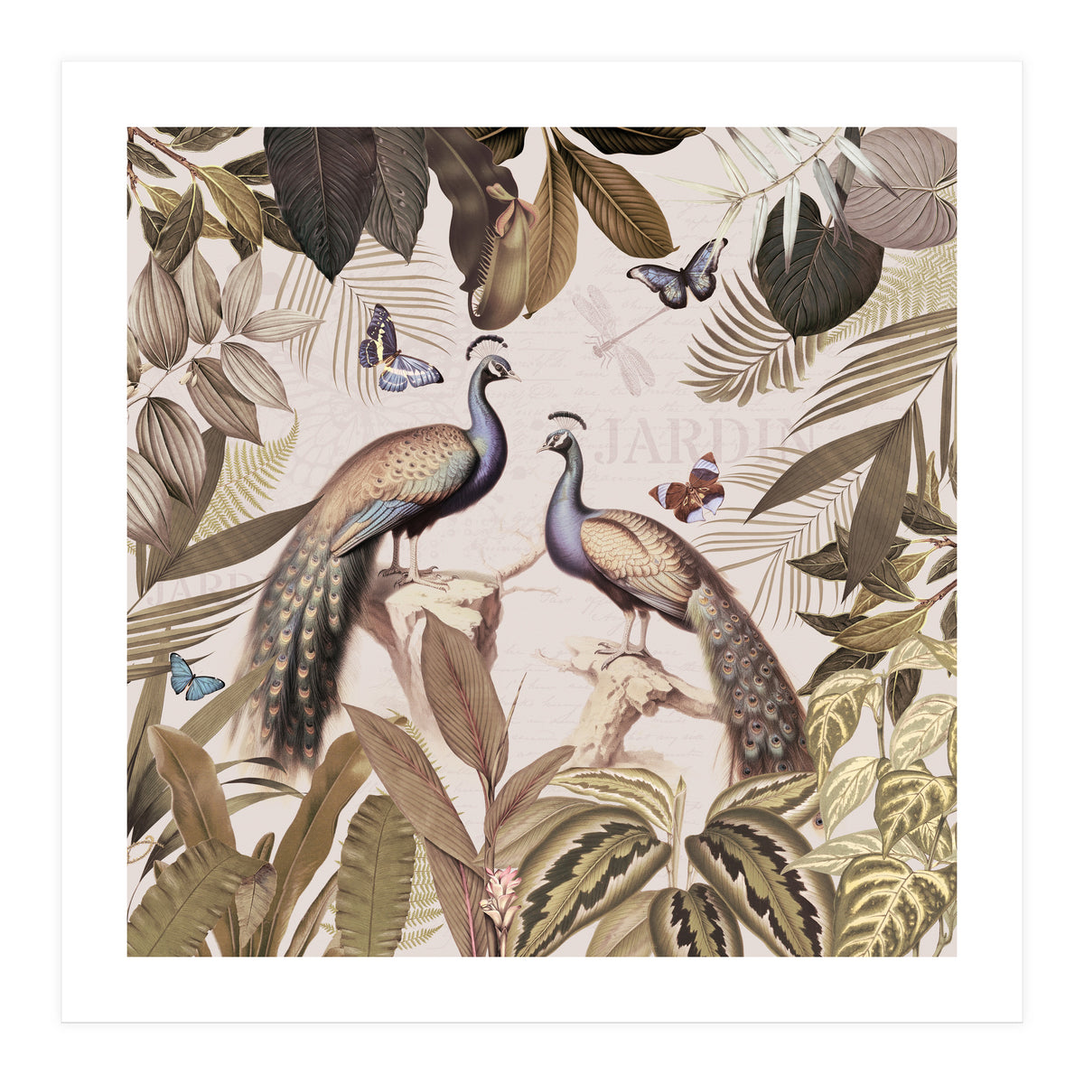 Vintage Sepia Exotic Peacocks Jungle (Print Only)