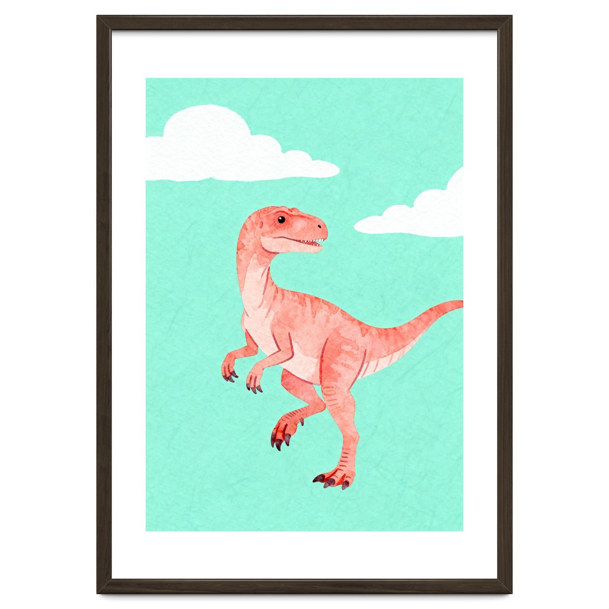 Velociraptor Watercolor Art, Cute Dino Nursery Print, Whimsical Dinosaur Illustration