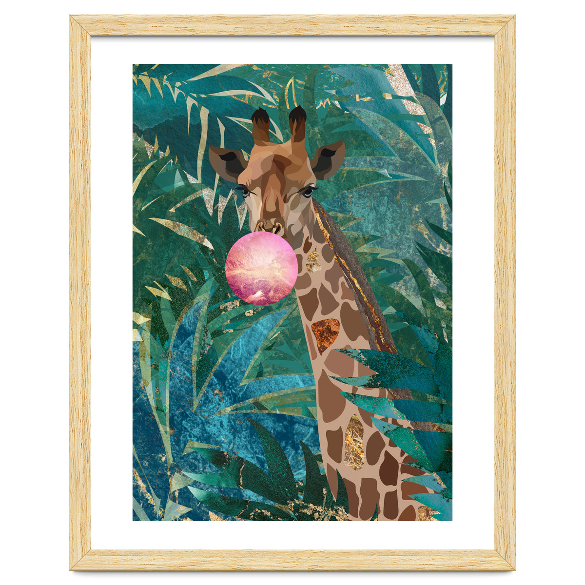 Giraffe blowing a bubble in the jungle
