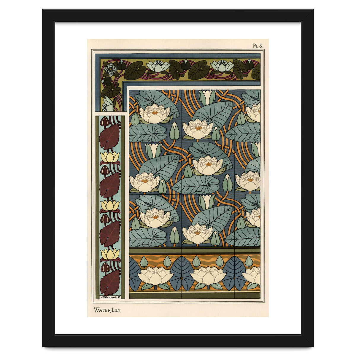 The water lily, Nelumbo lutea, in wallpaper and tile patterns. Lithograph by Verneuil.