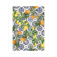 Blue Mediterranean tiles, lemons and oranges fruit (Print Only)