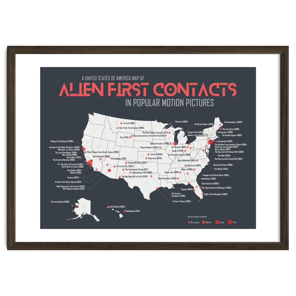 USA Map of Alien First Contacts in Movies