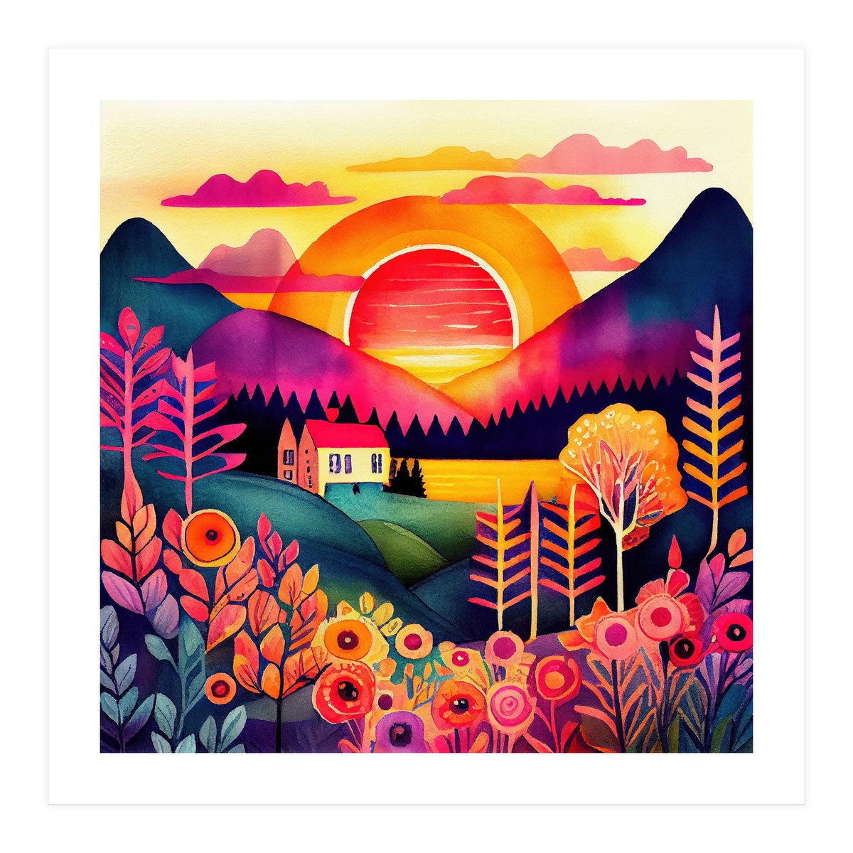 Folk Sunset Over Mountain Lake (Print Only)
