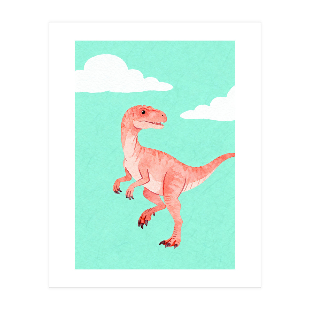 Velociraptor Watercolor Art, Cute Dino Nursery Print, Whimsical Dinosaur Illustration (Print Only)