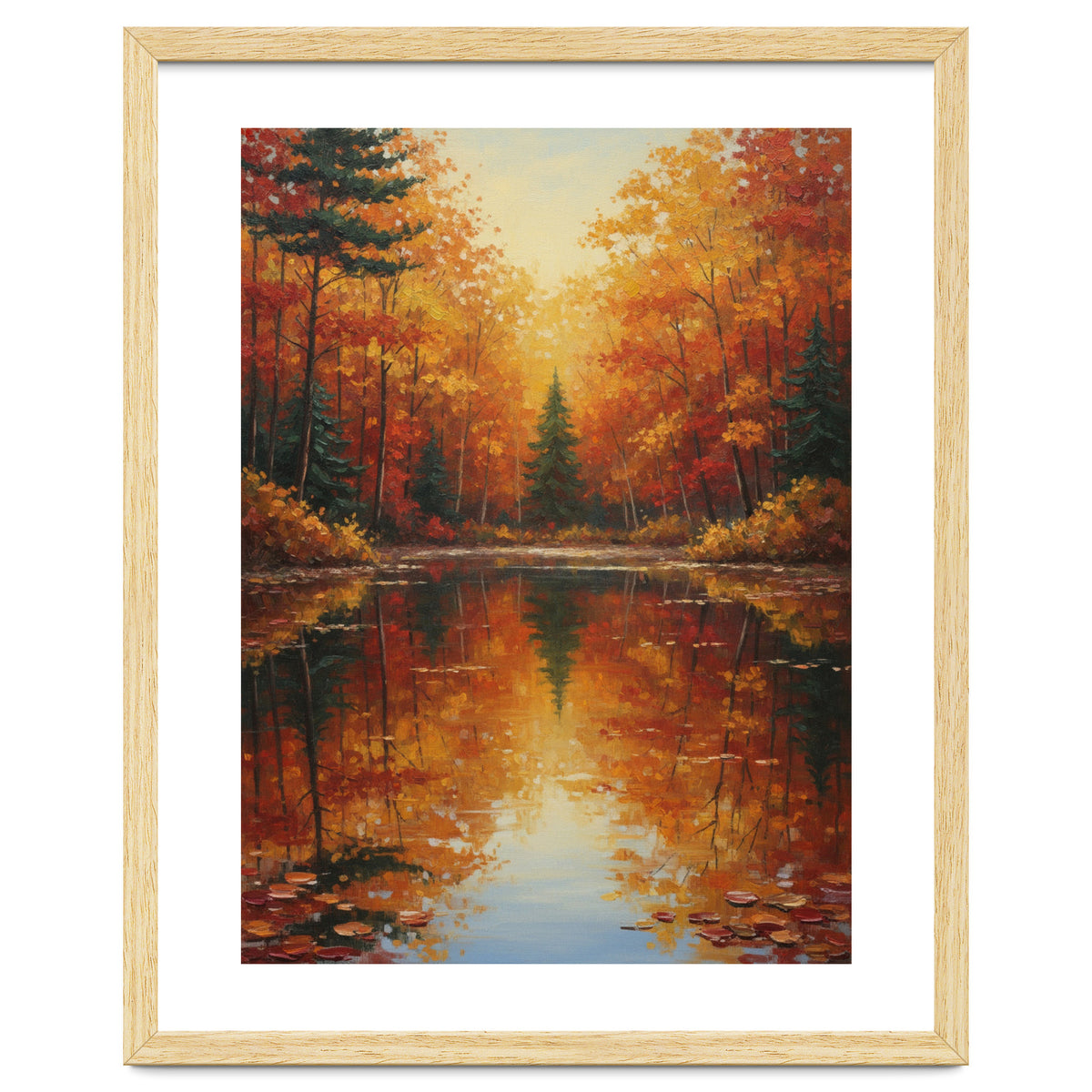 Golden Autumn Reflection: Impasto Forest Landscape
