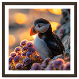 Puffin Bird Amidst Purple Flowers Golden Hour thumbnail