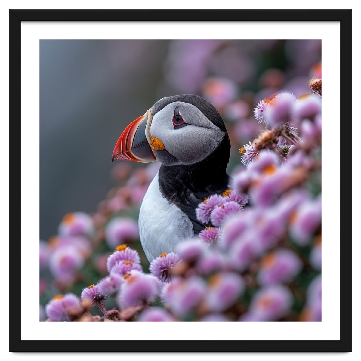 Atlantic Puffin Amidst Pink Heather Flowers