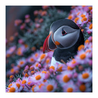 Puffin Bird Among Pink Flowers  (Print Only)