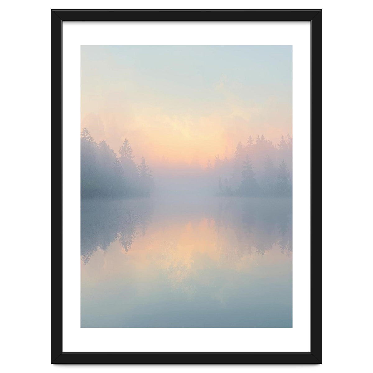 Misty Sunrise Over Pine Forest Lake