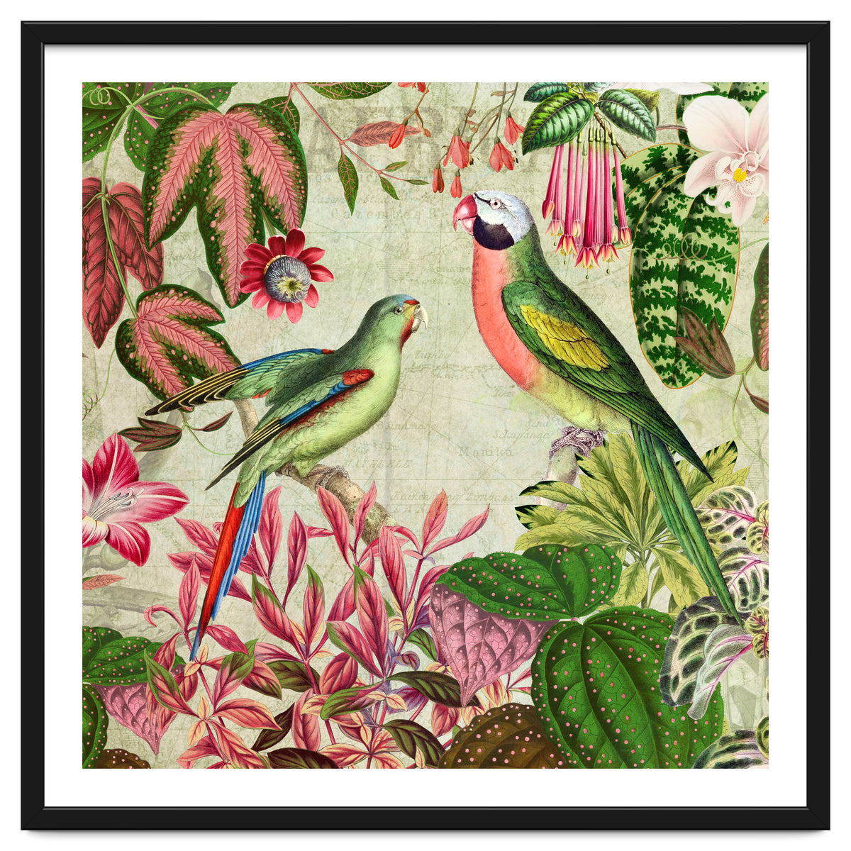 Exotic Lush Rainforest With Colorful Parrots And Flowers