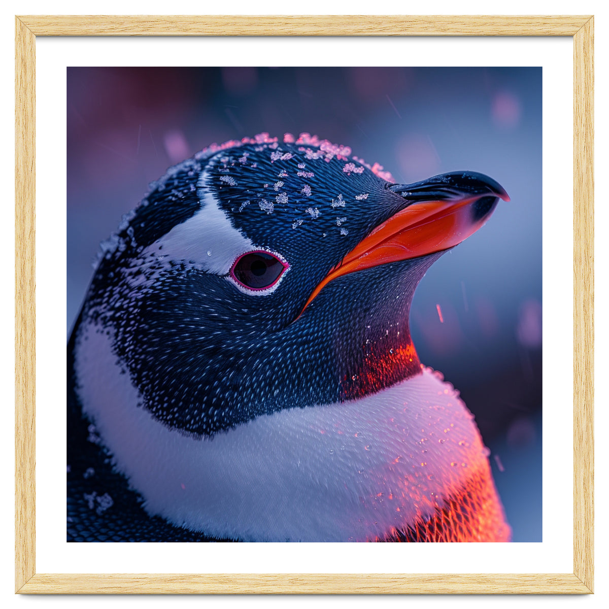 Close Up Penguin With Snowflakes On Head