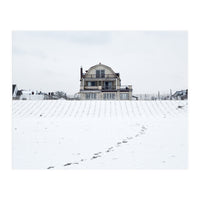 Footprints and house in winter snowscape (Print Only)