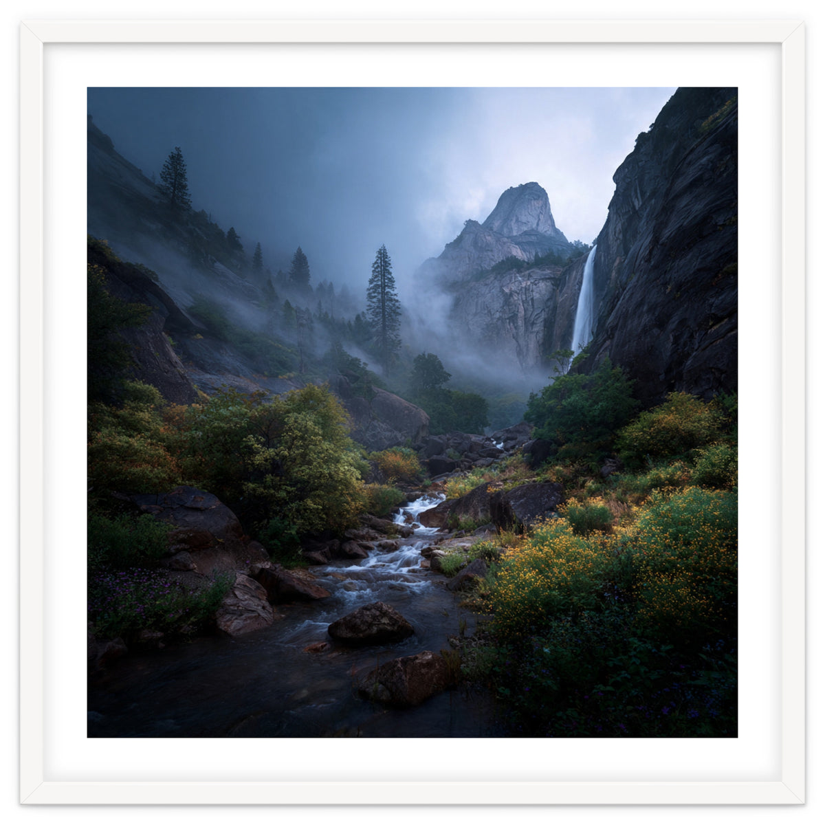 Majestic Misty Mountain Valley with Cascading Waterfall