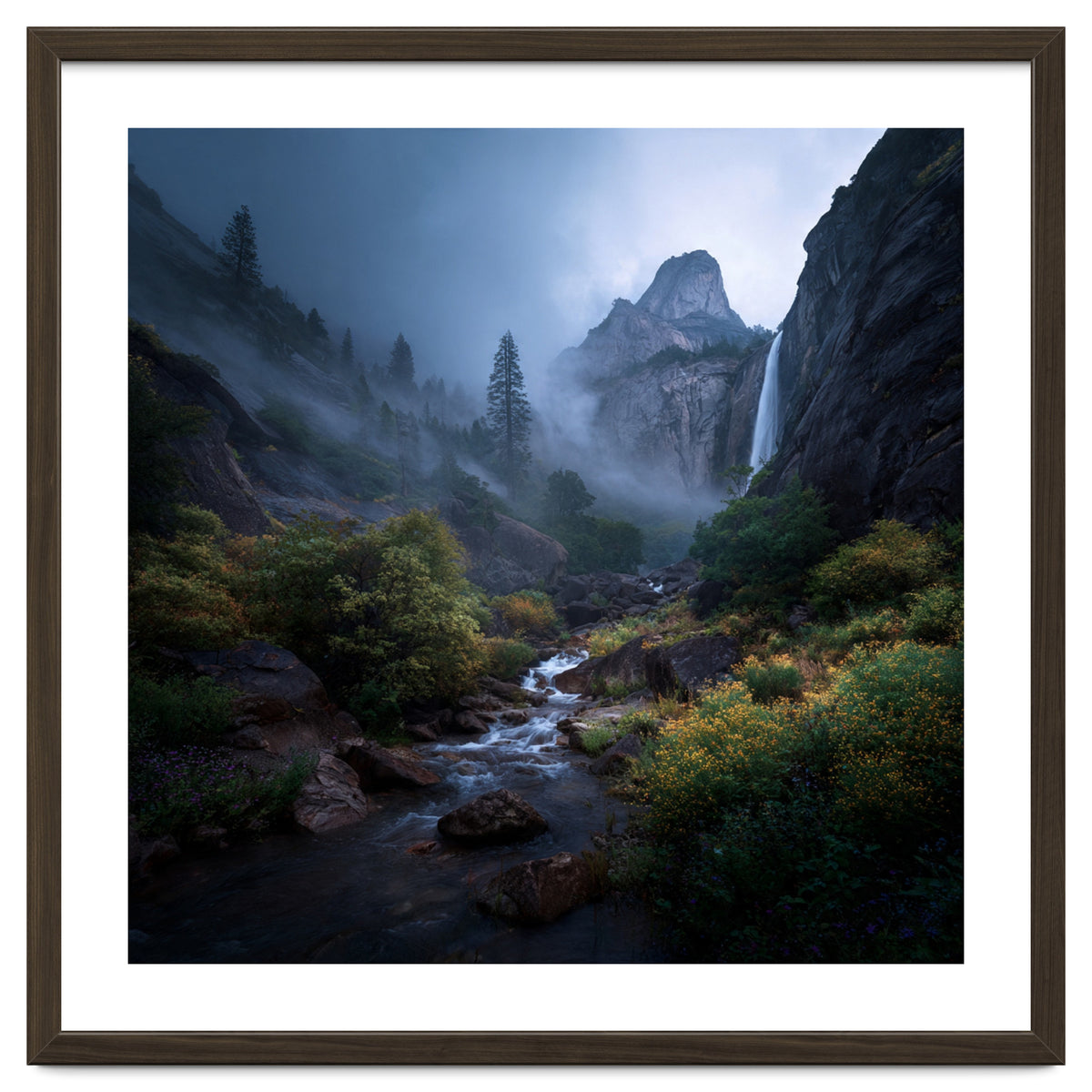 Majestic Misty Mountain Valley with Cascading Waterfall