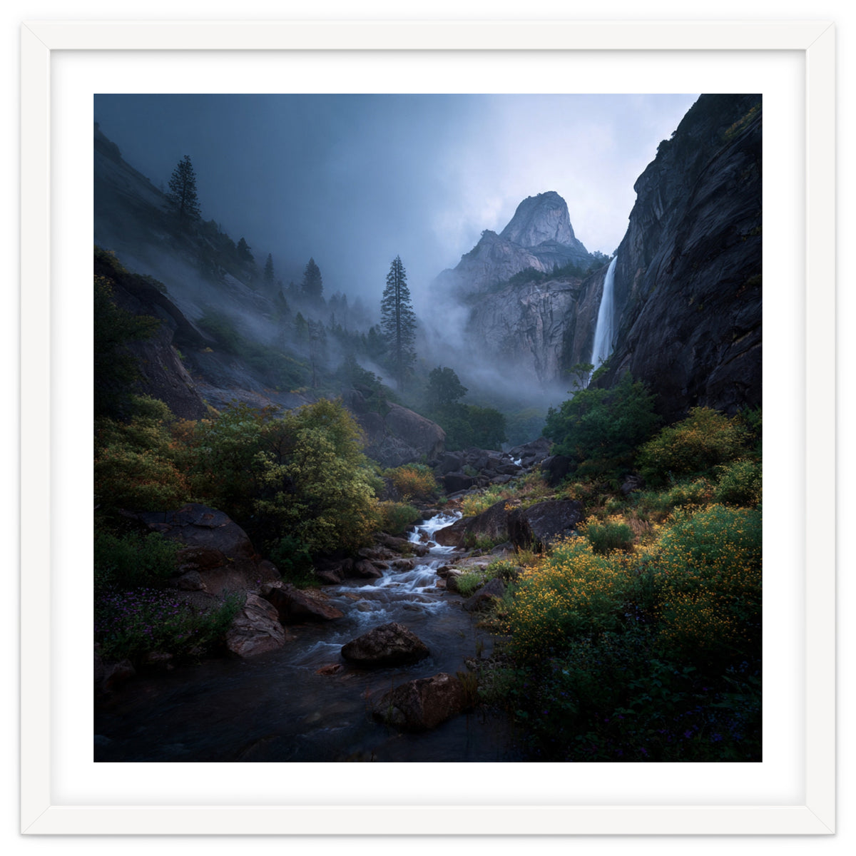Majestic Misty Mountain Valley with Cascading Waterfall