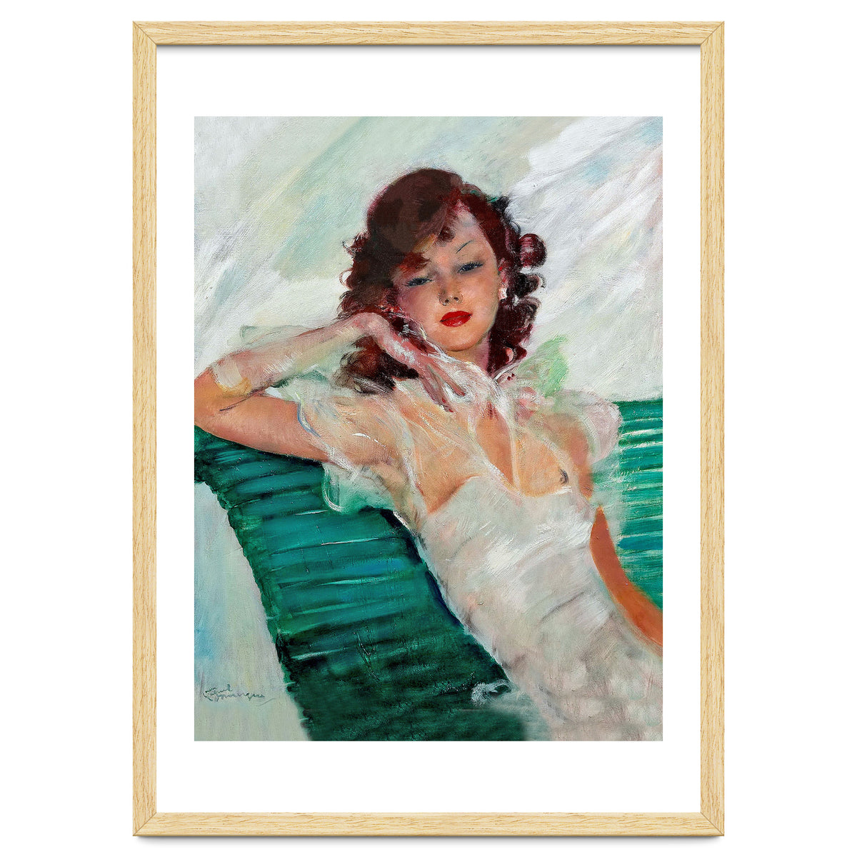 Girl Is Resting On A Green Bench, Watercolor Painting