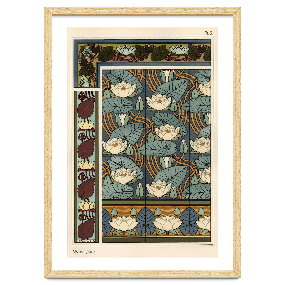 The water lily, Nelumbo lutea, in wallpaper and tile patterns. Lithograph by Verneuil.