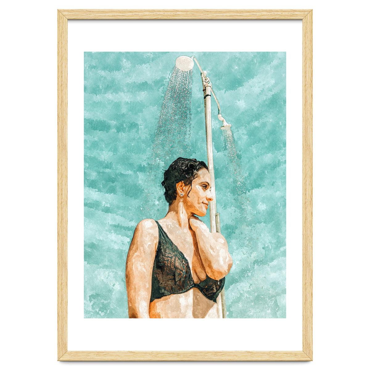 Bathe | Woman Pool Shower | Summer Swim Watercolor Painting | Brunette Bikini Boho Fashion
