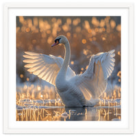 Swan Spreading Wings In Water Sunlight
