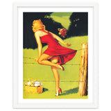 Pinup Girl In Red Dress Crossing The Barbed Wire While Looking At The Bull thumbnail