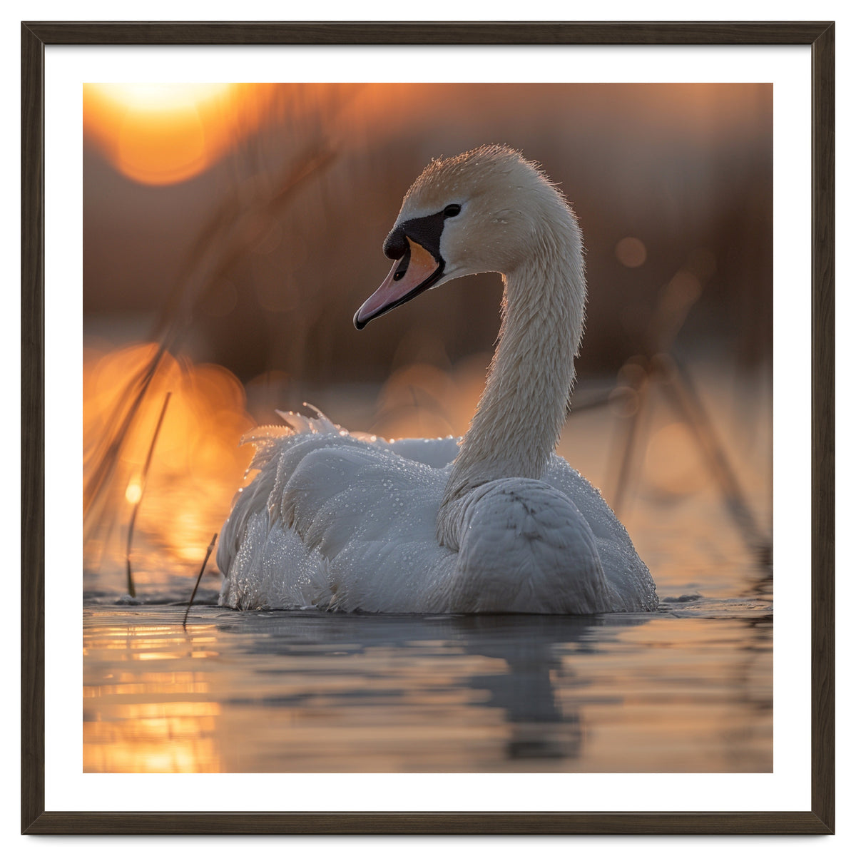 Majestic Swan Swimming At Sunrise Serene Water
