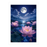 Moonlit Lotus Pond: Serene Nighttime Floral Landscape (Print Only)