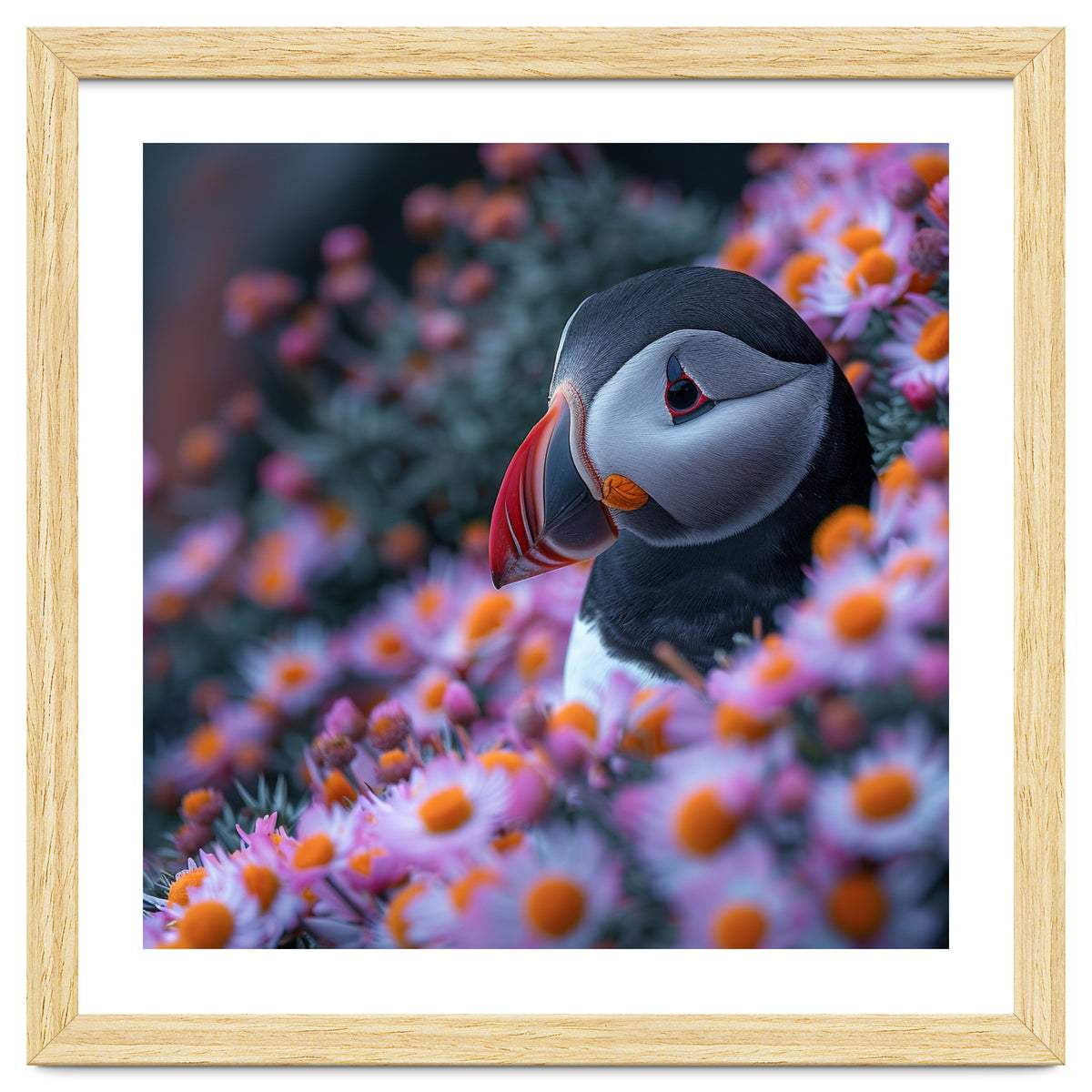 Puffin Bird Among Pink Flowers