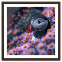 Puffin Bird Among Pink Flowers