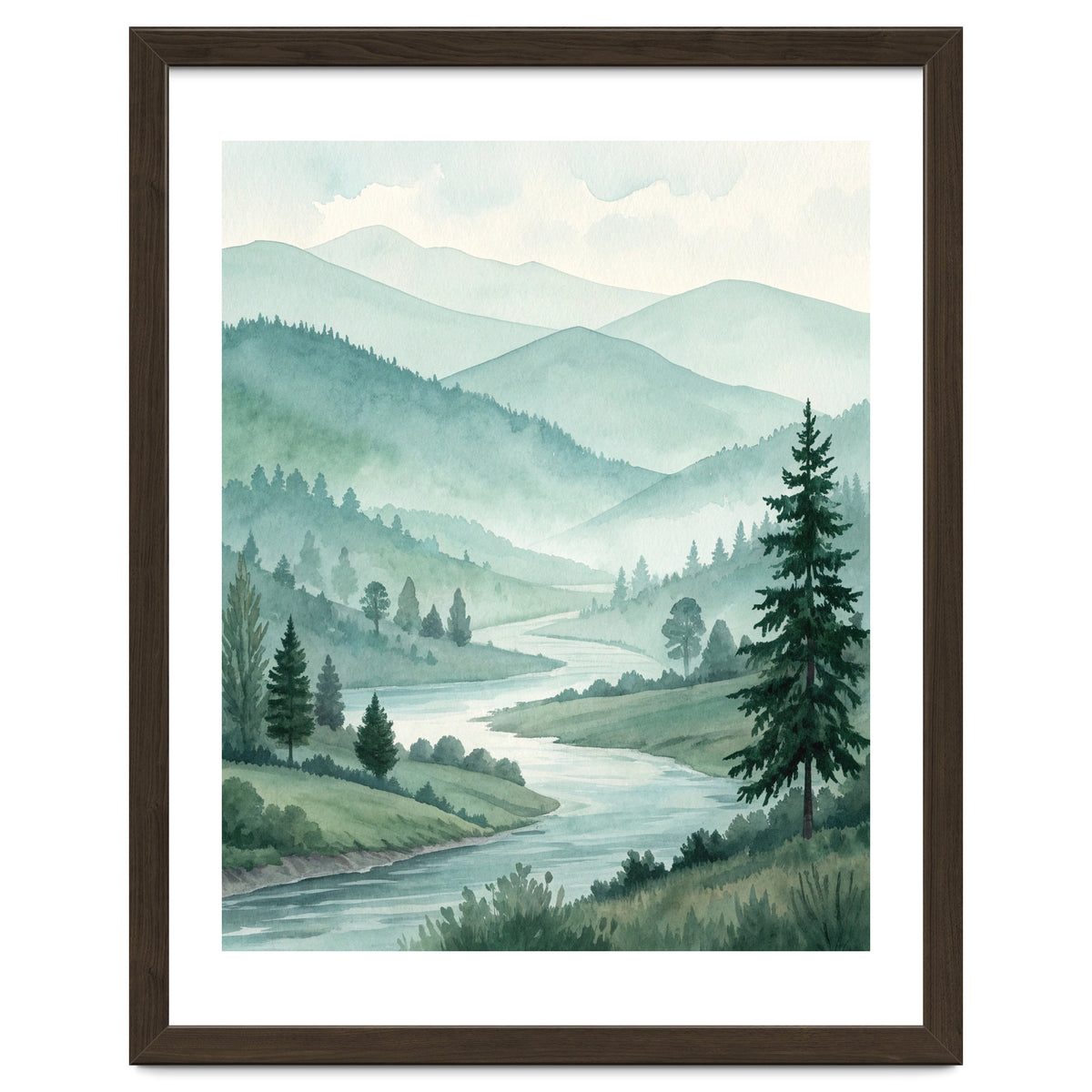 Serene Misty Mountain Valley Watercolor Painting