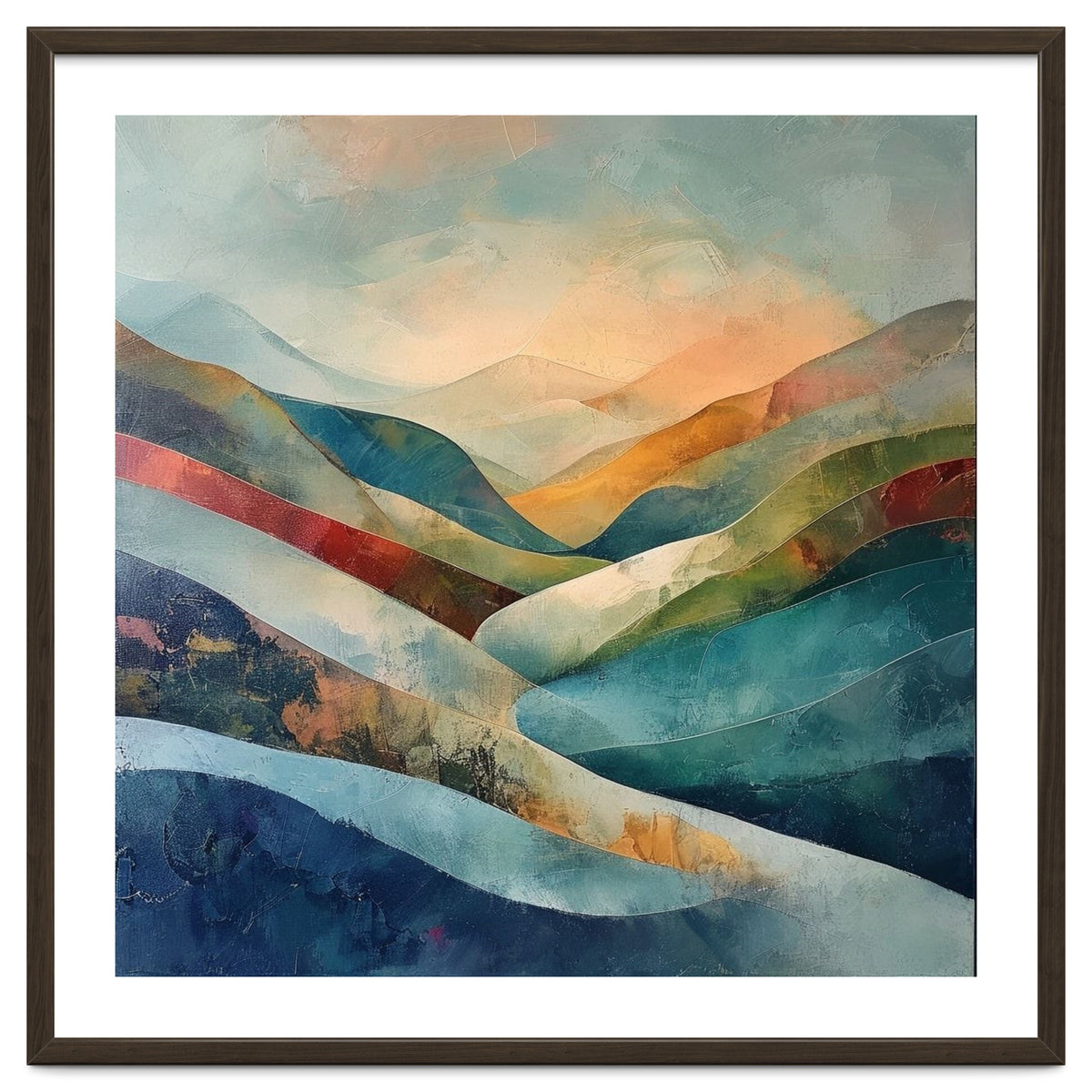 Abstract Mountain Landscape Painting with Textured Rolling Hills