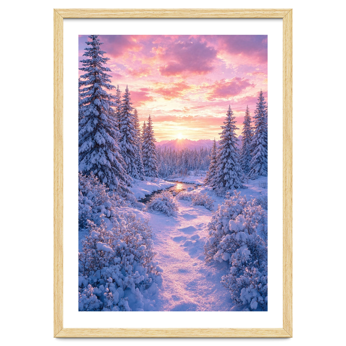 Winter Sunset Glow: Serene Snowy Forest and Frozen Creek