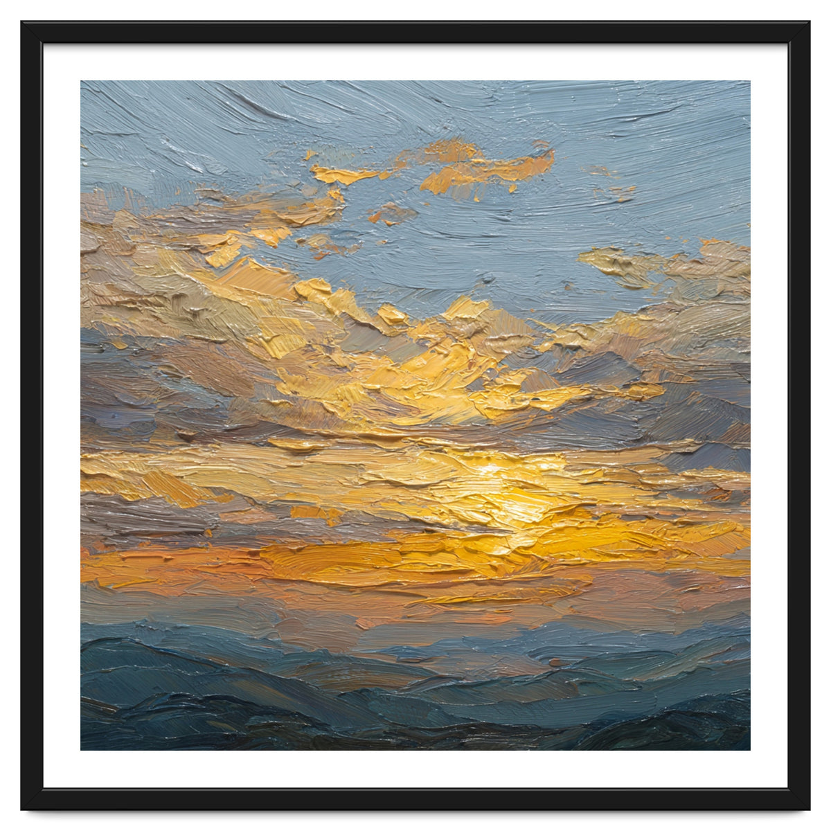 Atmospheric Golden Sunset Impasto Oil Painting Featuring Textured Clouds