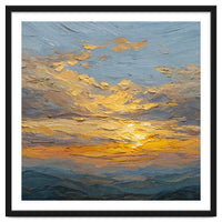 Atmospheric Golden Sunset Impasto Oil Painting Featuring Textured Clouds