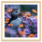 Puffin Bird Among Vibrant Purple And Orange Flowers thumbnail