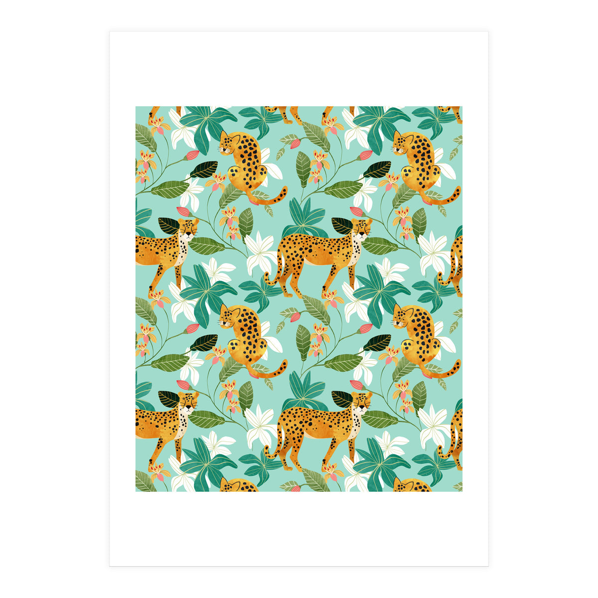 Cheetah Jungle, Wildlife Nature Wild Cats Tigers Leopard Botanical Animals Mint Quirky Illustration (Print Only)