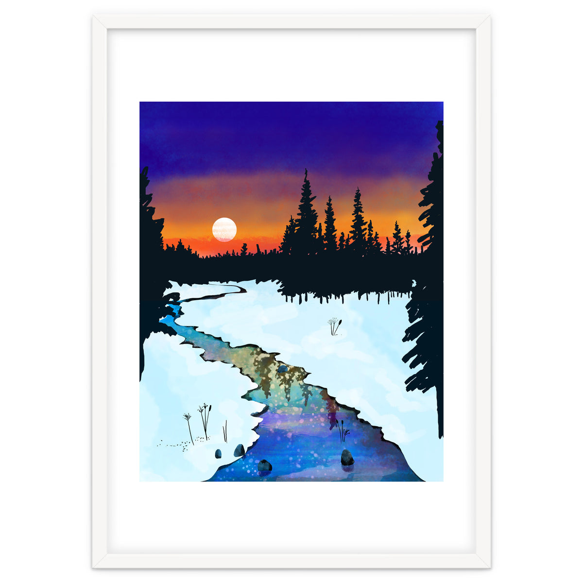 Purple Midnight, Snow River Full Moon Nature Landscape Painting, Winter Travel Adventure Places