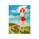 Pinup Girl In Little Red Dress And Two Dogs (Print Only) thumbnail