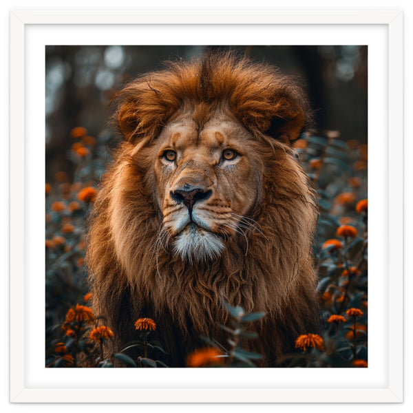 Majestic Lion Portrait In Orange Flowers