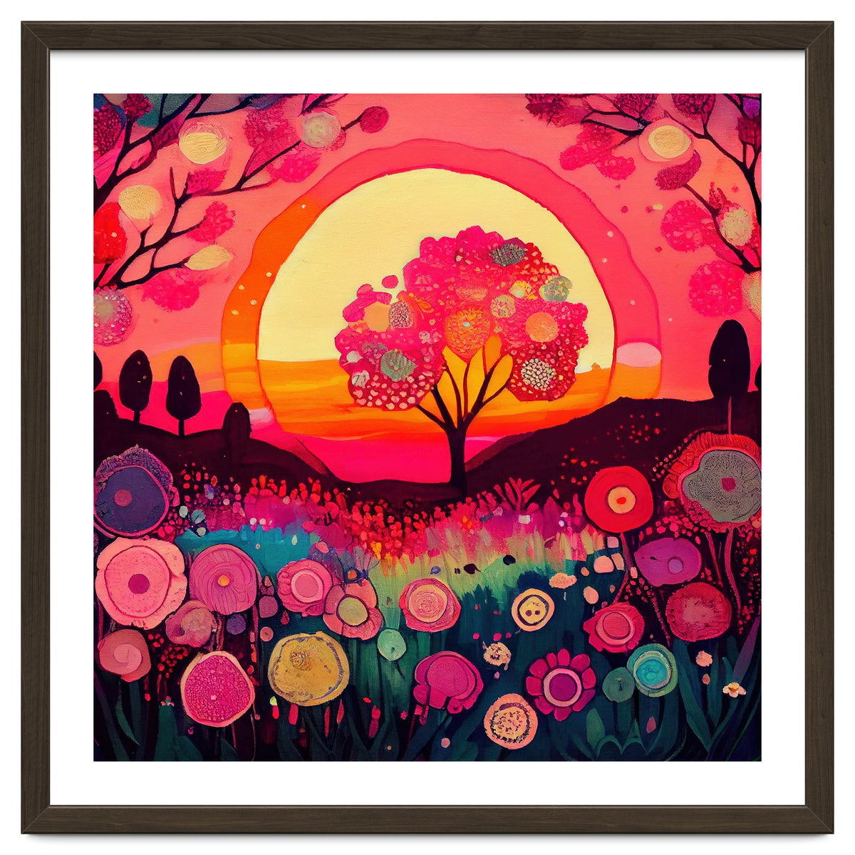 Folk Sunset Blossoming Tree