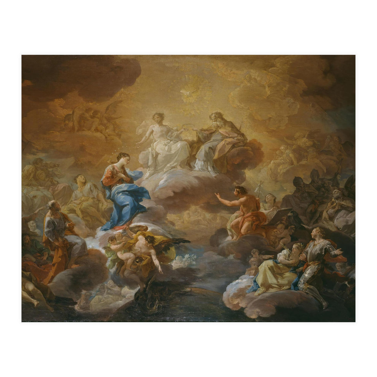 Corrado Giaquinto / 'La Santísima Trinidad, la Virgen y santos', 1755-1756, Italian School. (Print Only)