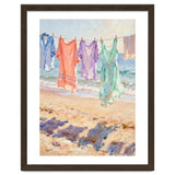 Laundry Drying by the Sea, Colorful Clothes on a Beach Clothesline, Coastal Summer Pastel Painting, Relaxing Ocean Shore Art Print thumbnail