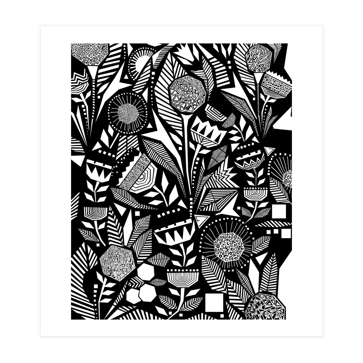 African Tribal, Black & White Abstract Drawing Sketch Line Art, Rustic Botanical Illustration, Bohemian Eclectic Scandinavian Vintage Bold (Print Only)