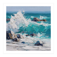 Dynamic Crashing Turquoise Ocean Wave Against Rugged Coastal Rocks (Print Only)