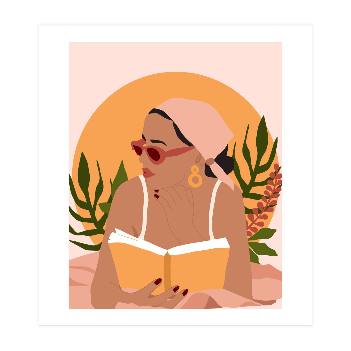 Bohemian Summer, Modern Boho Girl Reader, Books Read Self Care Self Love, Travel Hippie Nomad Black Woman (Print Only)