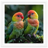 Lovebirds Perched Together On Mossy Branch thumbnail