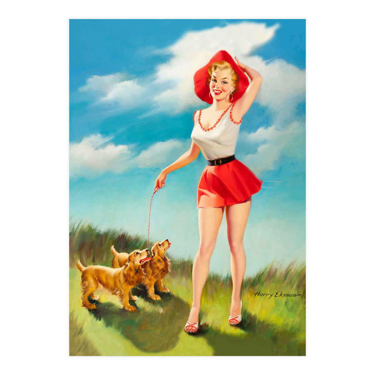 Pinup Girl In Little Red Dress And Two Dogs (Print Only)