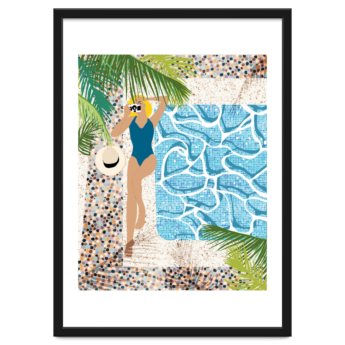 Click, Summer Travel Poolside Swim, Moroccan Tiles Staycation Vacation Holiday, Bohemian Woman Swimsuit Fashion Pose