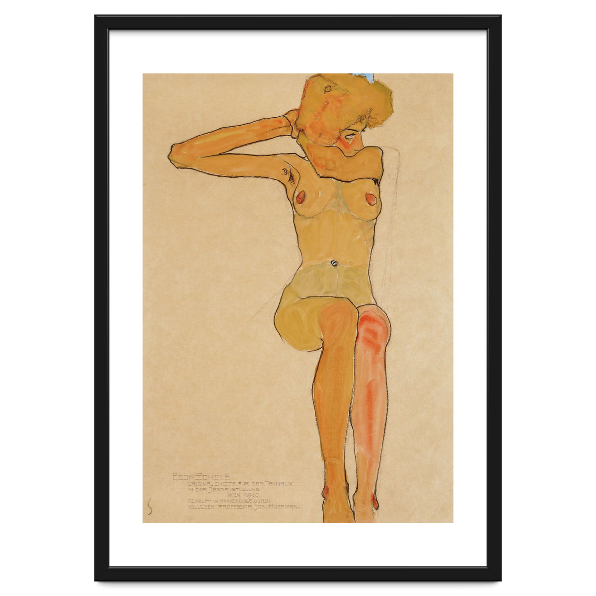 Seated female nude with raised right arm,1910 Gouache,.