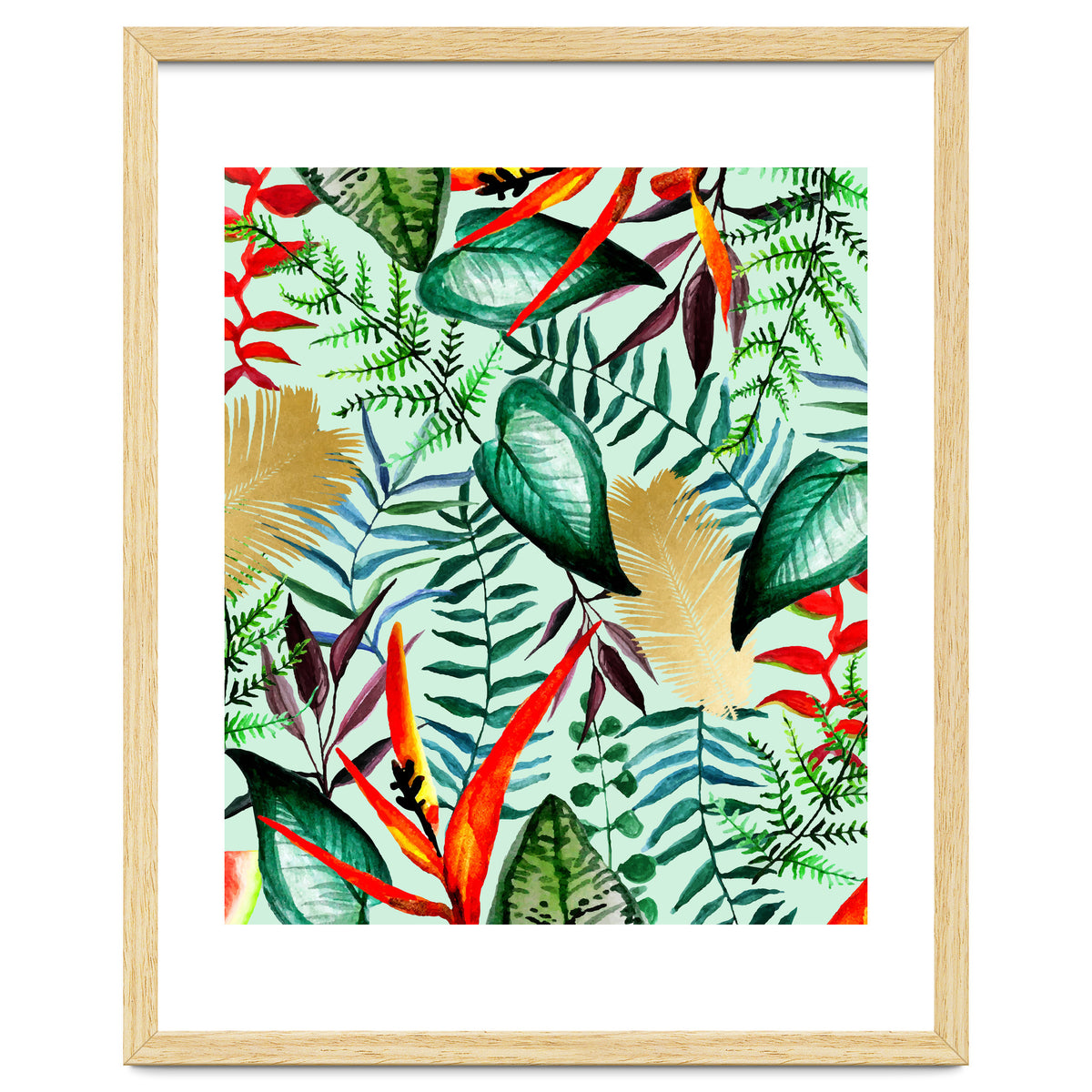 Paradise, Tropical Jungle Botanical Bohemian Illustration, Palm Bird of Paradise Gold Painting