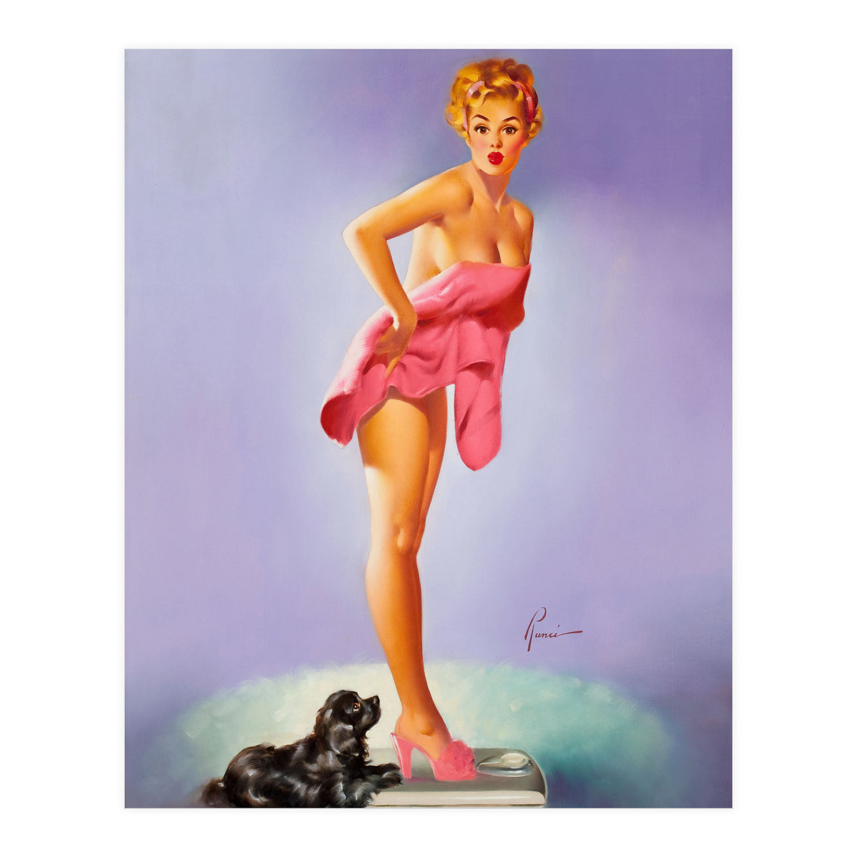 Pinup Girl On A Scale With Her Little Black Dog Behind (Print Only)